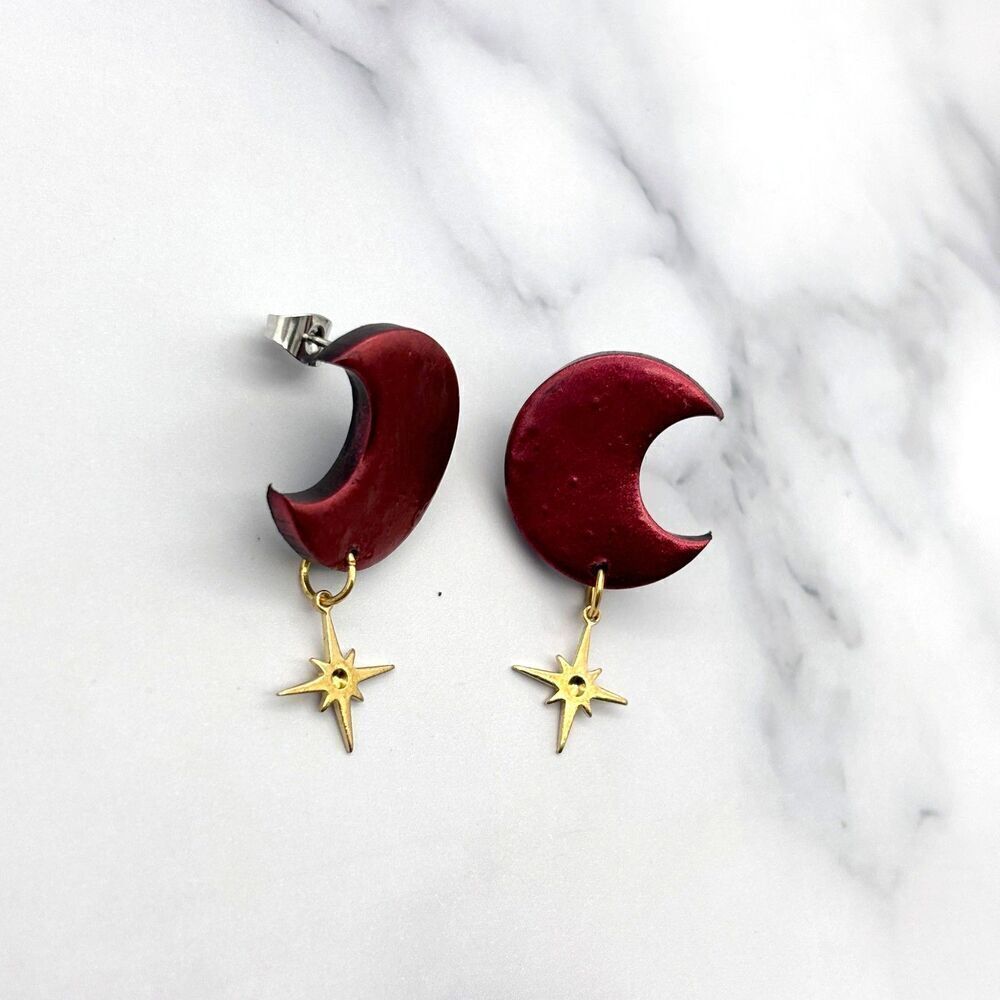 Red Moon and Star Dangle Earrings | Polymer Clay Crescent Jewelry - Picture 8 of 11